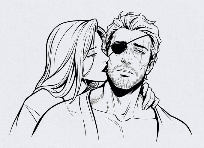 Black-and-white ink illustration of a woman kissing a bearded man with an eyepatch on the cheek