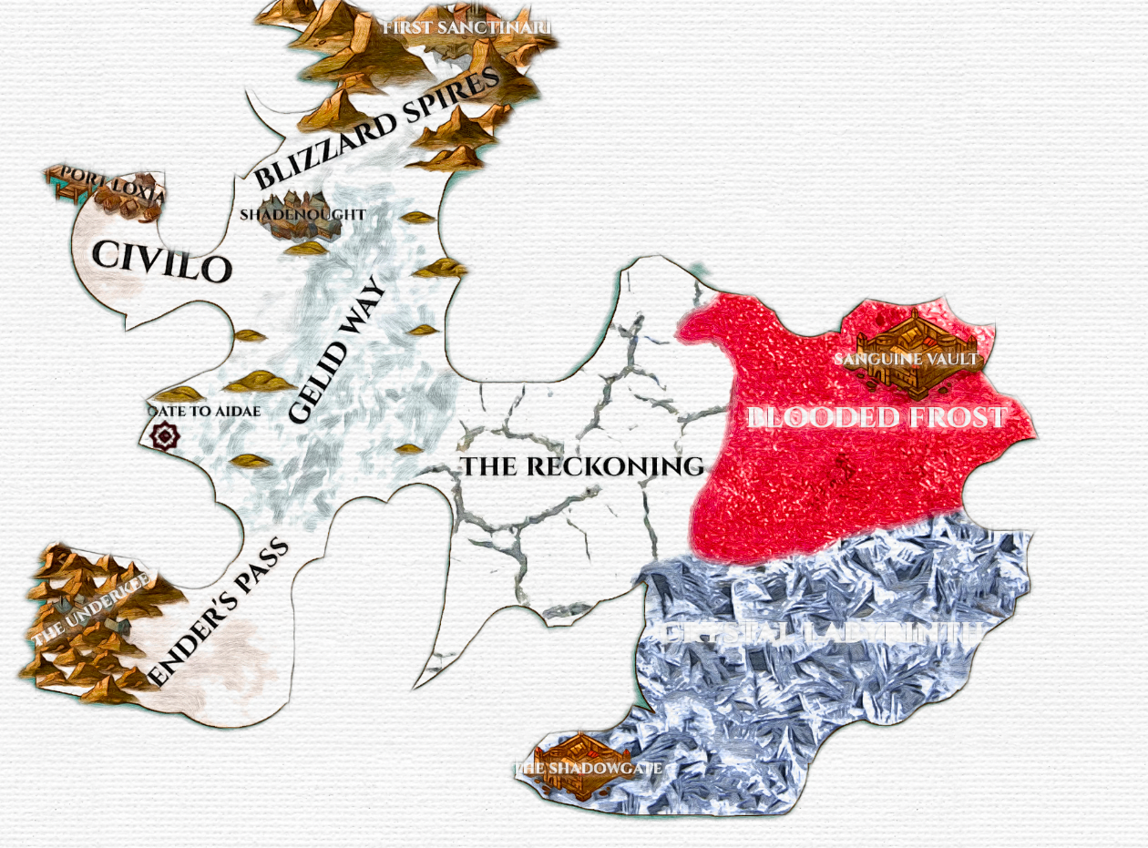 Painterly study of the Sanctis realm map — frozen lands rendered in soft textured brushwork