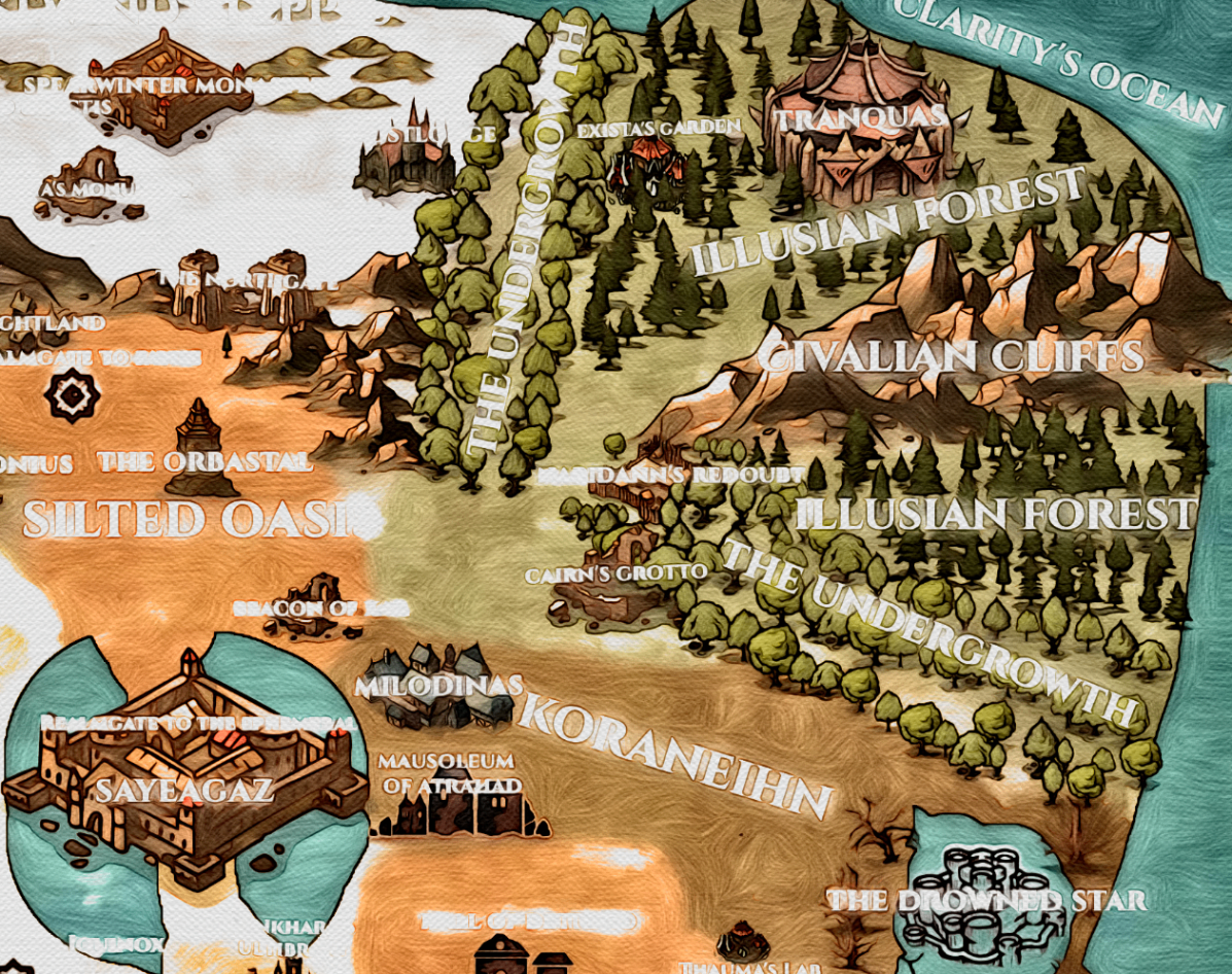 Painterly study of the Aidae realm map — forests, cliffs, and the Silted Oasis rendered in soft textured brushwork