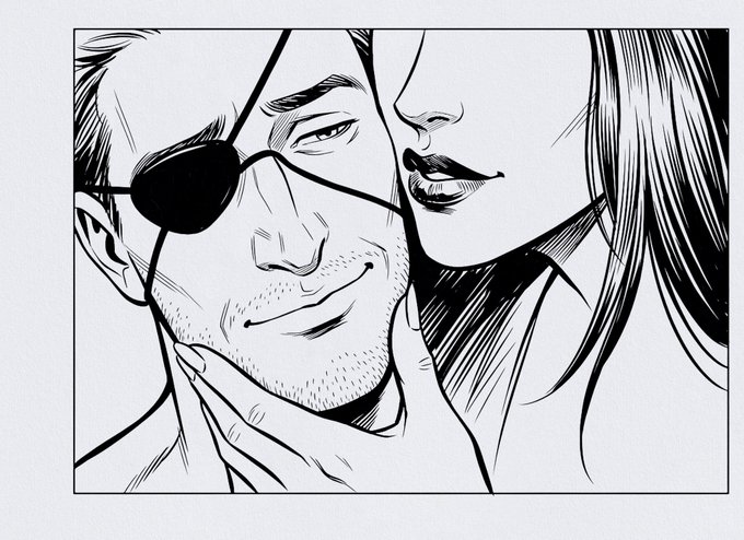 Black-and-white ink close-up of a woman holding the face of a smiling man with an eyepatch