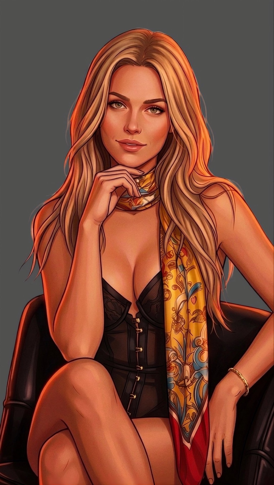 Painted character portrait of a blonde woman in a black corset with a gold patterned scarf