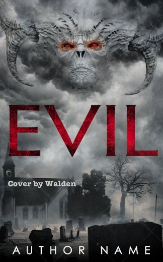 Book cover design for “Evil” — a horned demonic face looming in storm clouds over a graveyard, with blood-red title lettering