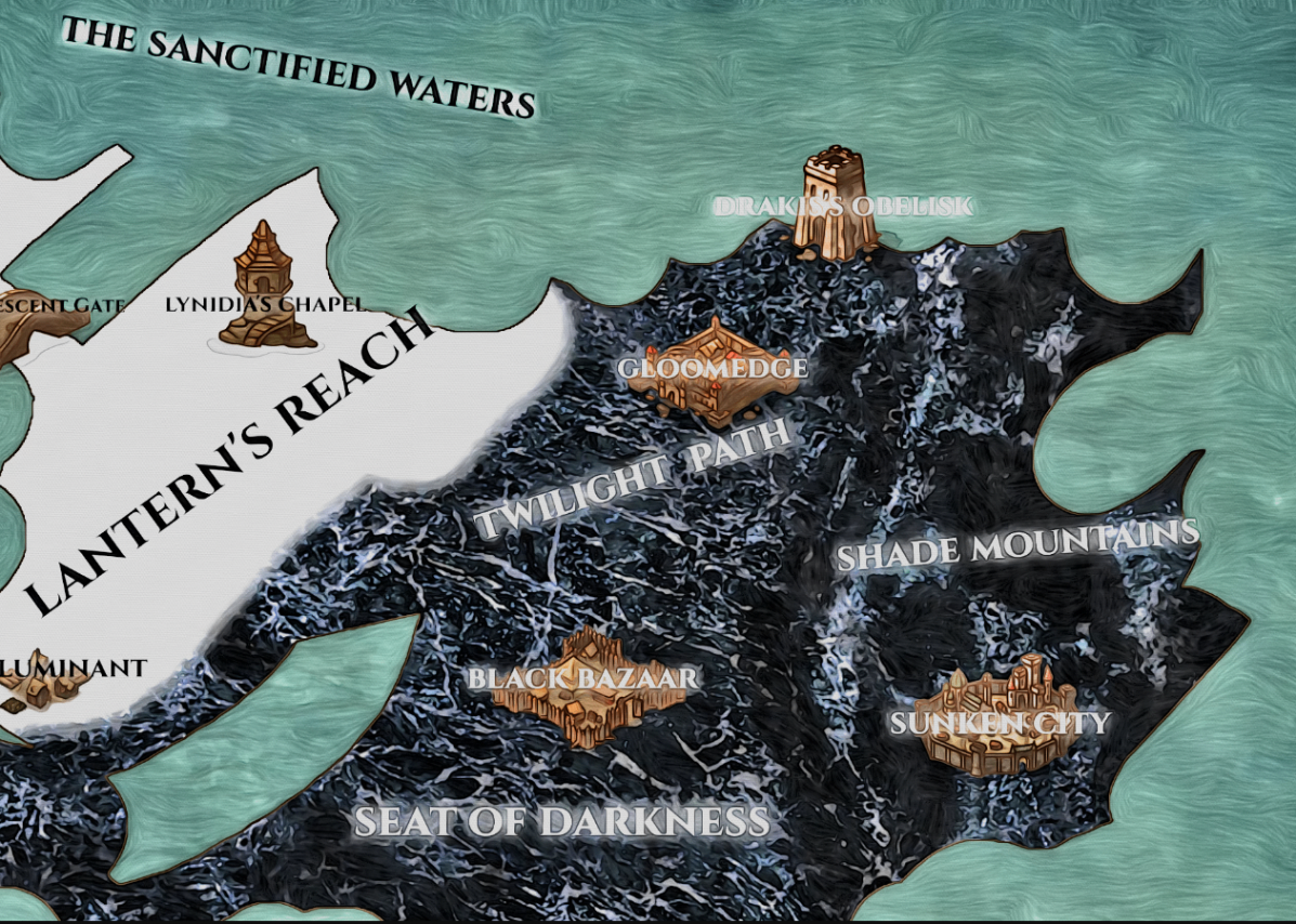 Painterly study of the Black Coast map — Lantern's Reach and the dark realm rendered in textured brushwork