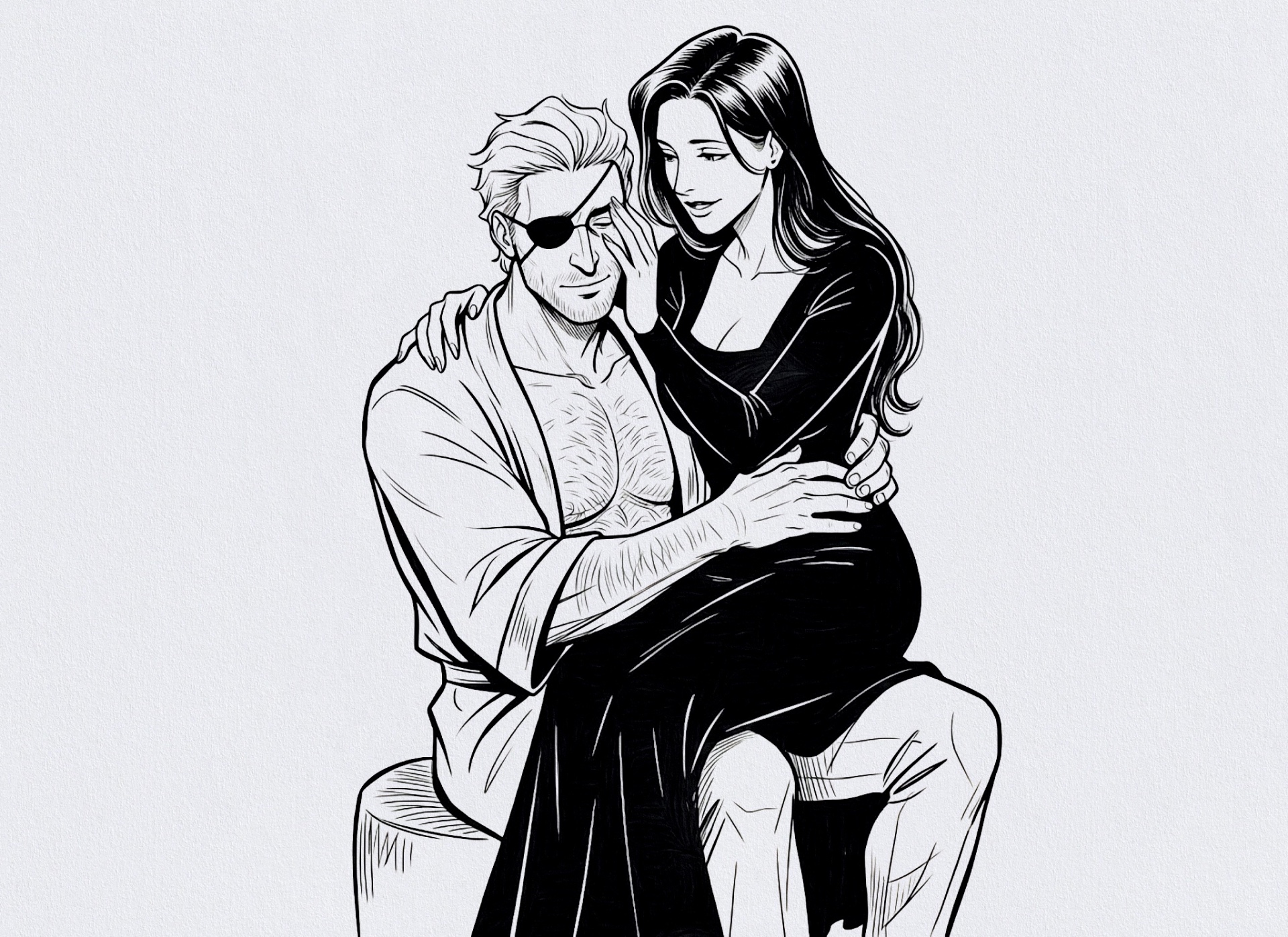 Black-and-white ink illustration of a couple embracing, the man seated with an eyepatch