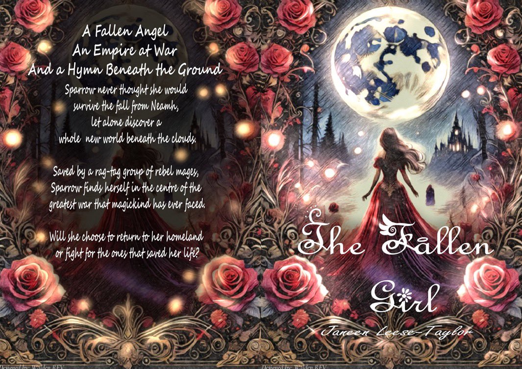 Full-wrap book cover artwork for “The Fallen Girl” — a woman in a red gown beneath a great moon, framed by roses