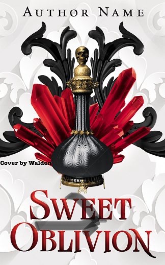 Book cover design for “Sweet Oblivion” — an ornate black perfume bottle with a golden skull stopper amid red crystals