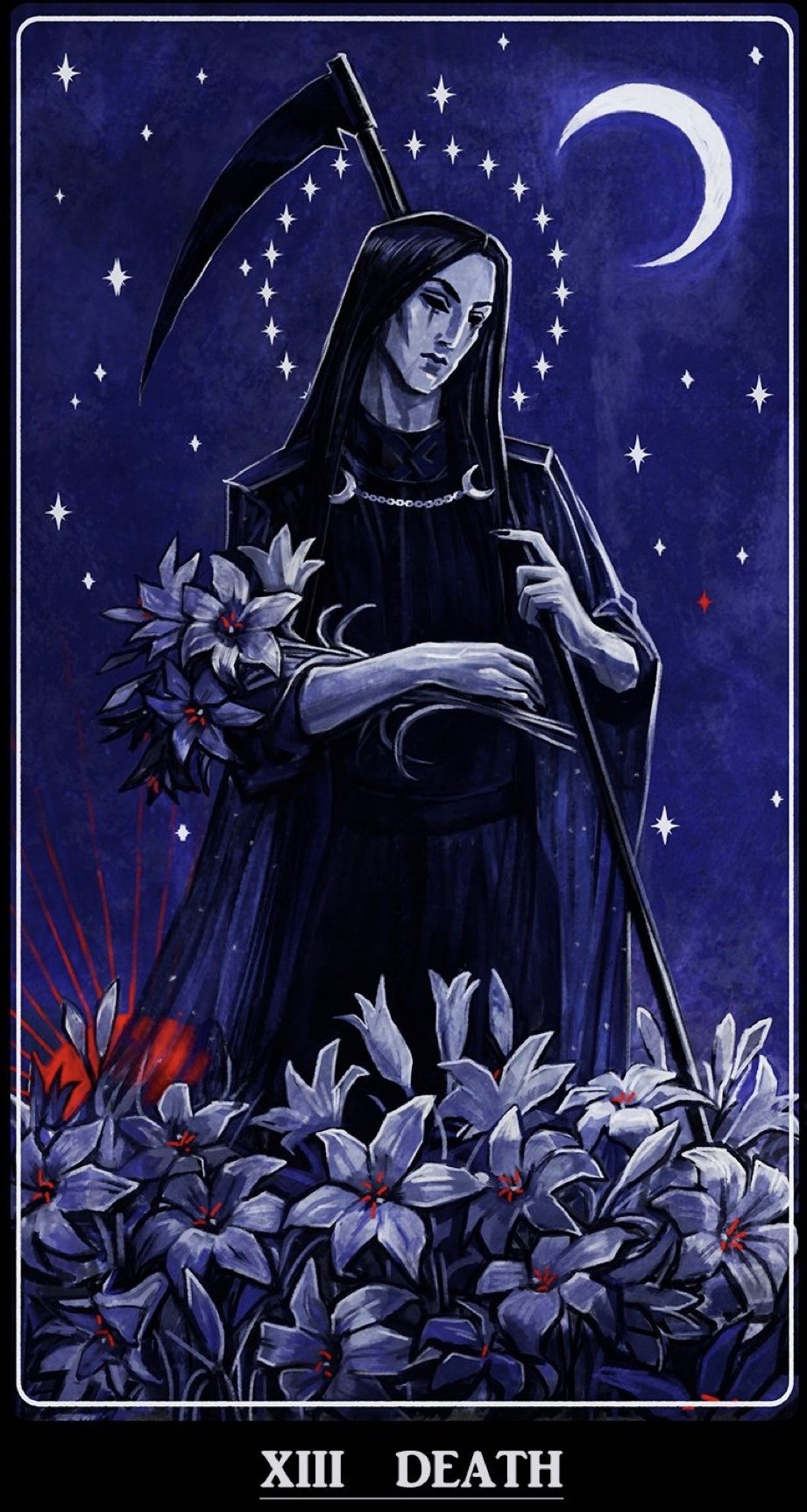 Tarot card illustration of Death, a hooded figure with a scythe among lilies under a crescent moon