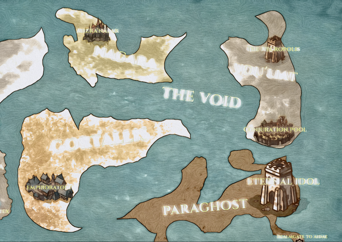 Painterly study of the Fayde realm map — islands across a teal sea rendered in soft textured brushwork