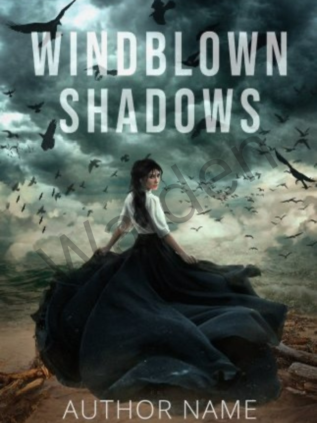 Book cover design for “Windblown Shadows” — a woman in a white blouse and dark skirt in a windswept field beneath a stormy sky filled with crows
