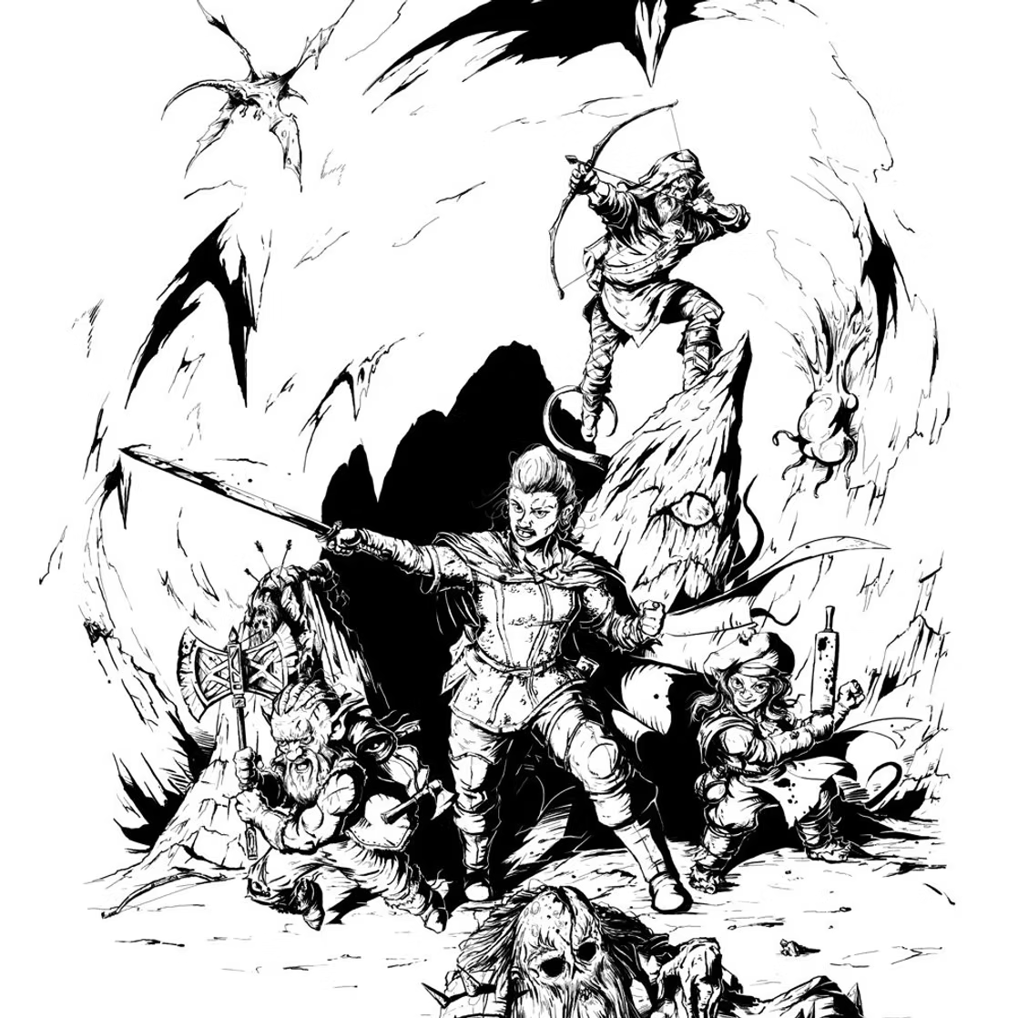 A group of six fantasy adventurers gathered against the dusk