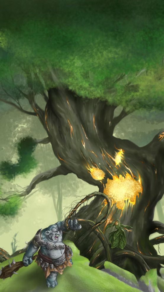 An ancient glowing tree rising over figures in a shadowed forest