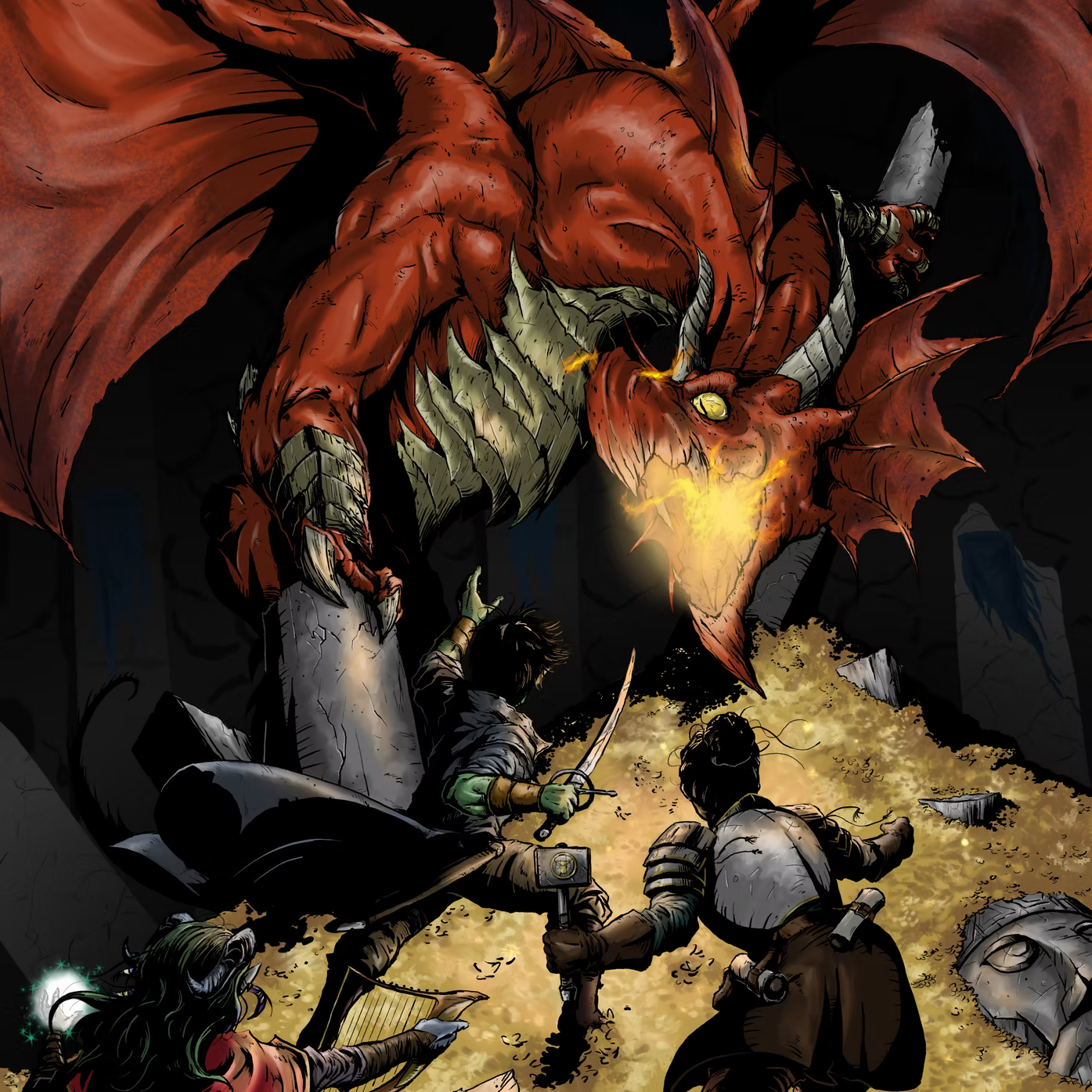 Four adventurers facing a red dragon in a vast treasure-filled cavern