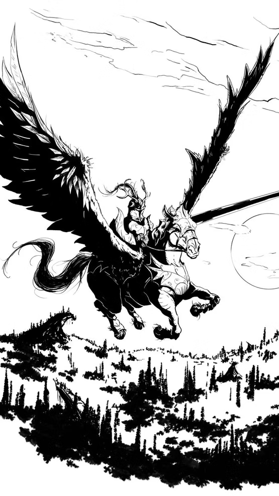 A winged rider crossing a dramatic fantasy sky