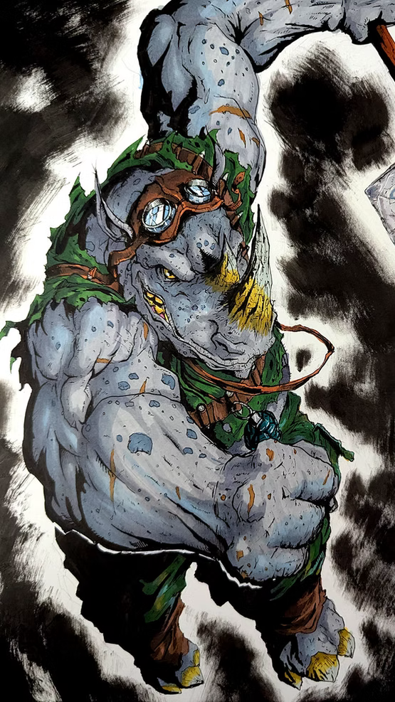Armored anthropomorphic bull character wearing goggles