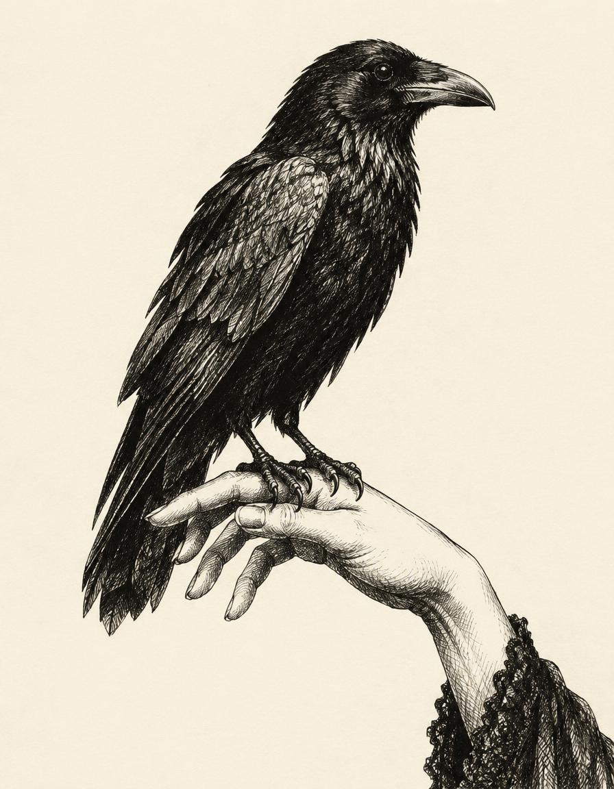 Black ink sketch of a raven perched on a human hand, rendered in fine cross-hatching