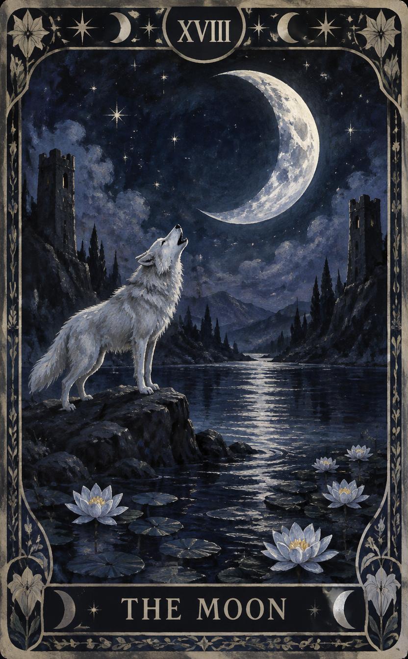 Tarot card illustration of The Moon, a white wolf howling at a crescent moon over a dark lake with lilies