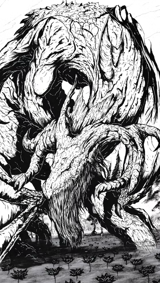 A towering tree-like creature emerging from a dark wood
