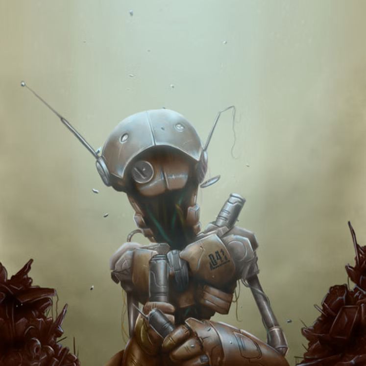 A solitary mechanical wanderer in an overgrown world